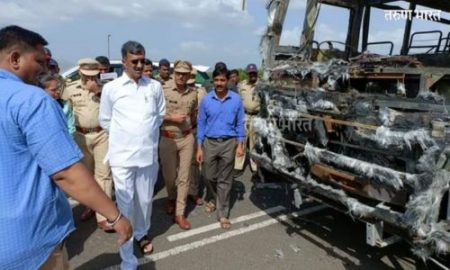 आणेवाडी येथे जळालेल्या एसटीची शंभूराज देसाई यांच्याकडून पहाणी