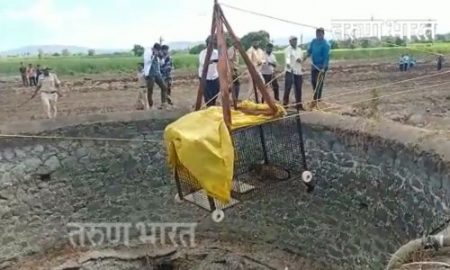 विहिरीत पडलेल्या बिबट्याला पाच तासांच्या अथक प्रयत्नांनी जीवदान