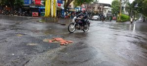The pothole in Azamnagar circle has become dangerous.