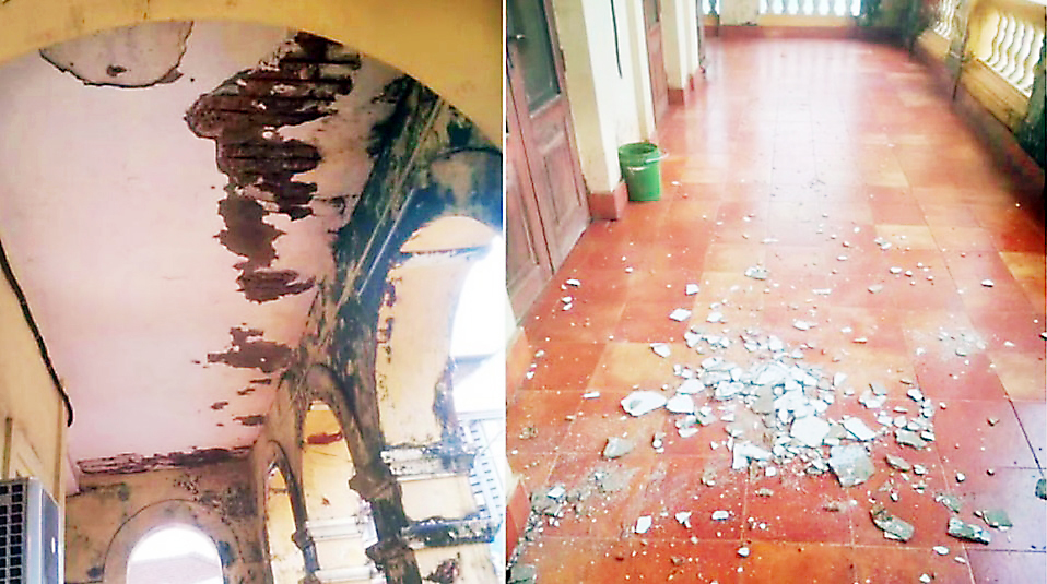 Pieces of the roof of the Margaon Municipality building collapsed