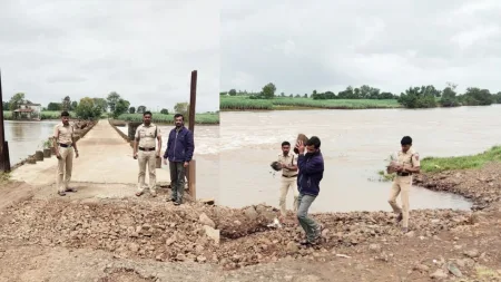 बच्चे सावर्डे बंधाऱ्या जवळचा रस्ता खचला ; पोलीस पाटील,होमगार्डनी श्रमदानाने भरला खड्डा Bachche Sawarde Dam is clogged Police Patil Home Guard filled