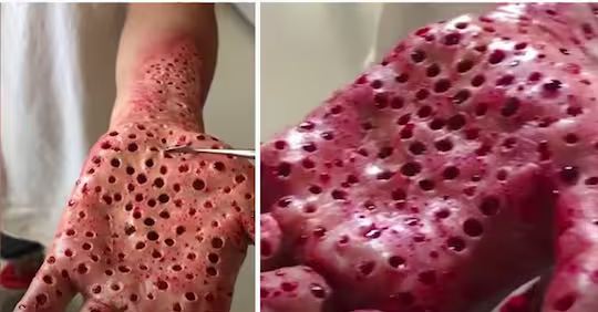 Hundreds of holes are visible on the hand