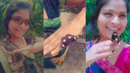 चक्क फुलपाखराशी जमली तिची मैत्री….! soldier Wife of Sainik Takli of Shirol taluka friends with a butterfly