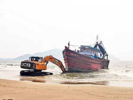 A boat rooted in sand in the sea after twelve days