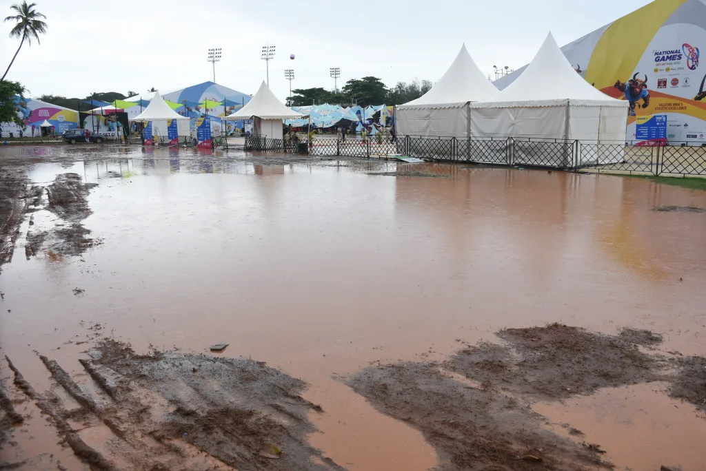 Due to the rain the sports town became muddy