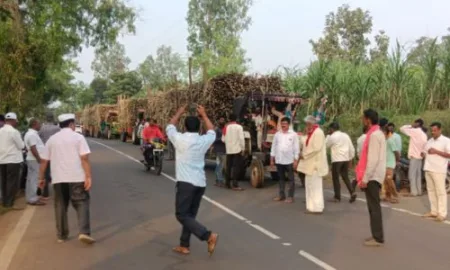 शाहूवाडी तालुक्यात स्वाभिमानी शेतकरी संघटना आक्रमक! ‘विश्वास साखर’ला जाणारा ऊस रोखला