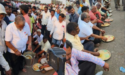 शेतकऱ्यांसोबत राजू शेट्टी ही रस्त्यावरचं बसले जेवायला Raju Shetty sat on the road with the farmers to eat